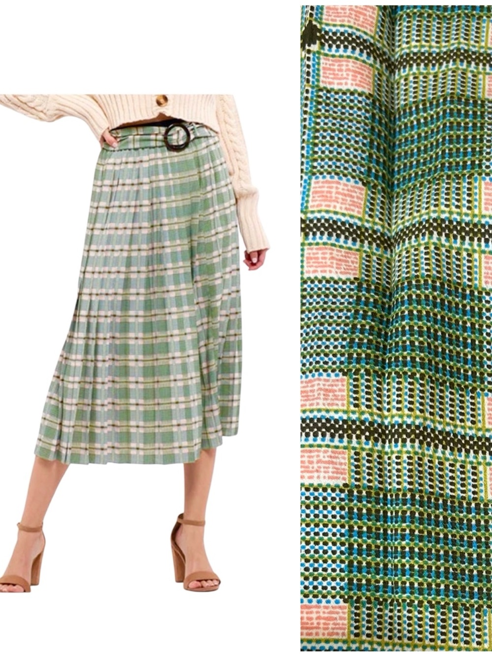 Moon River Plaid Pleated Midi Skirt Green Pink Size M